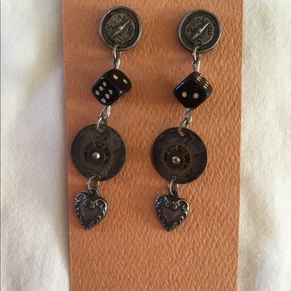 Handmade Dangling Earrings Compass Dice Hearts - Picture 1 of 1